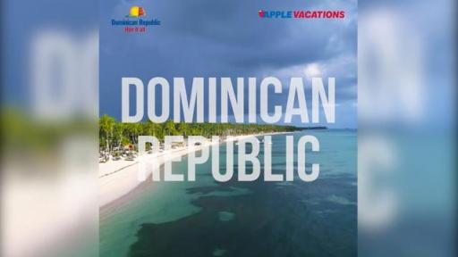 Dominican Republic text with beach scenery in background
