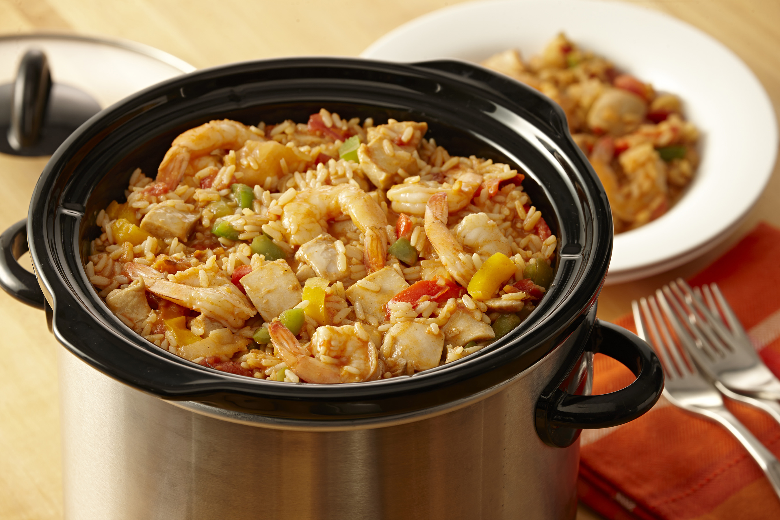 Slow Cooker Chicken and Shrimp Jambalaya: Cook up a hands-off batch of this New Orleans favorite with Zatarain’s Jambalaya Mix, chicken, shrimp, diced tomatoes, and frozen peppers and onions--the perfect recipe for a weeknight family meal or entertaining a crowd.