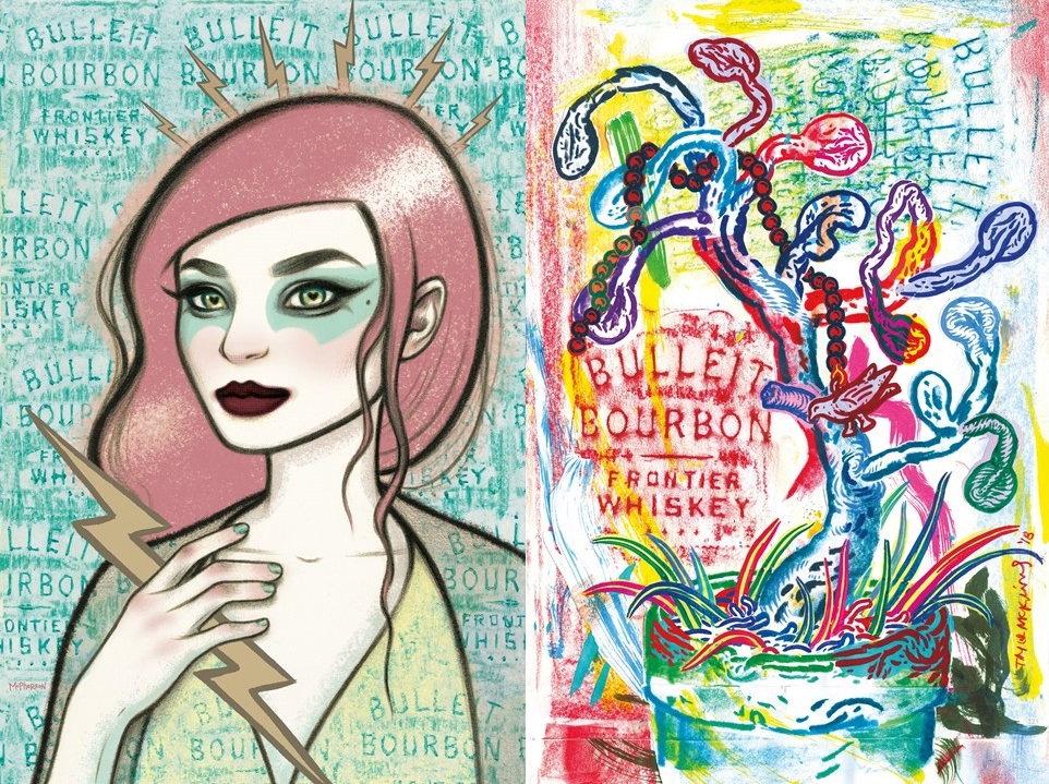 Bulleit Frontier Works: Bottle Impressions artwork created by local New York artists Tara McPherson (left) and Taylor McKimens (right)