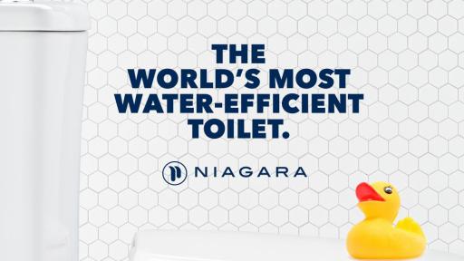 Ad with a yellow rubber ducky on top of a clean white toilete with the words, The World's Most Water-efficient Toilet.