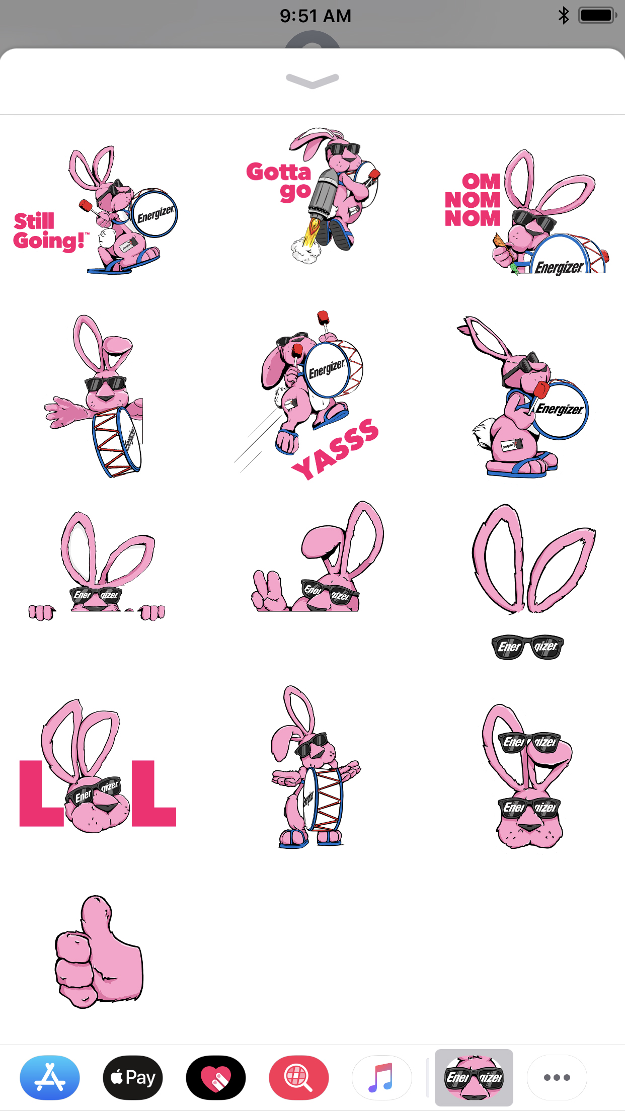 The free Energizer Bunny™ iMessage pack contains thirteen stickers – six animated and seven static – for a range of uses in iMessage conversations.