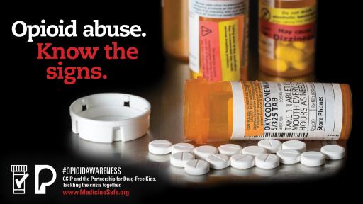 Bottles of drugs and text that reads know the signs.