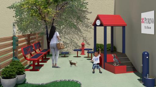 An outdoor “Purina Pet Haven” play area will be built at PALS Place for exercise and bonding time.