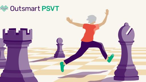 Illustrated person jumping on a giant chess board.