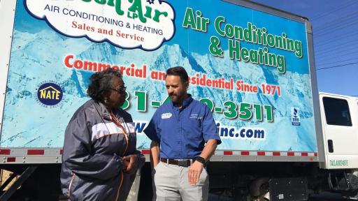 Sonny Roncancio, owner of Fresh Air, speaks with Ms. Roberson about the Carrier heating and cooling system being installed in her Houston home. She received one of the 100 systems donated by Carrier to Habitat for Humanity to help families impacted by Hurricane Harvey flooding. Fresh Air has spent months installing these 100 systems to help his community recover from the devastating flooding.
