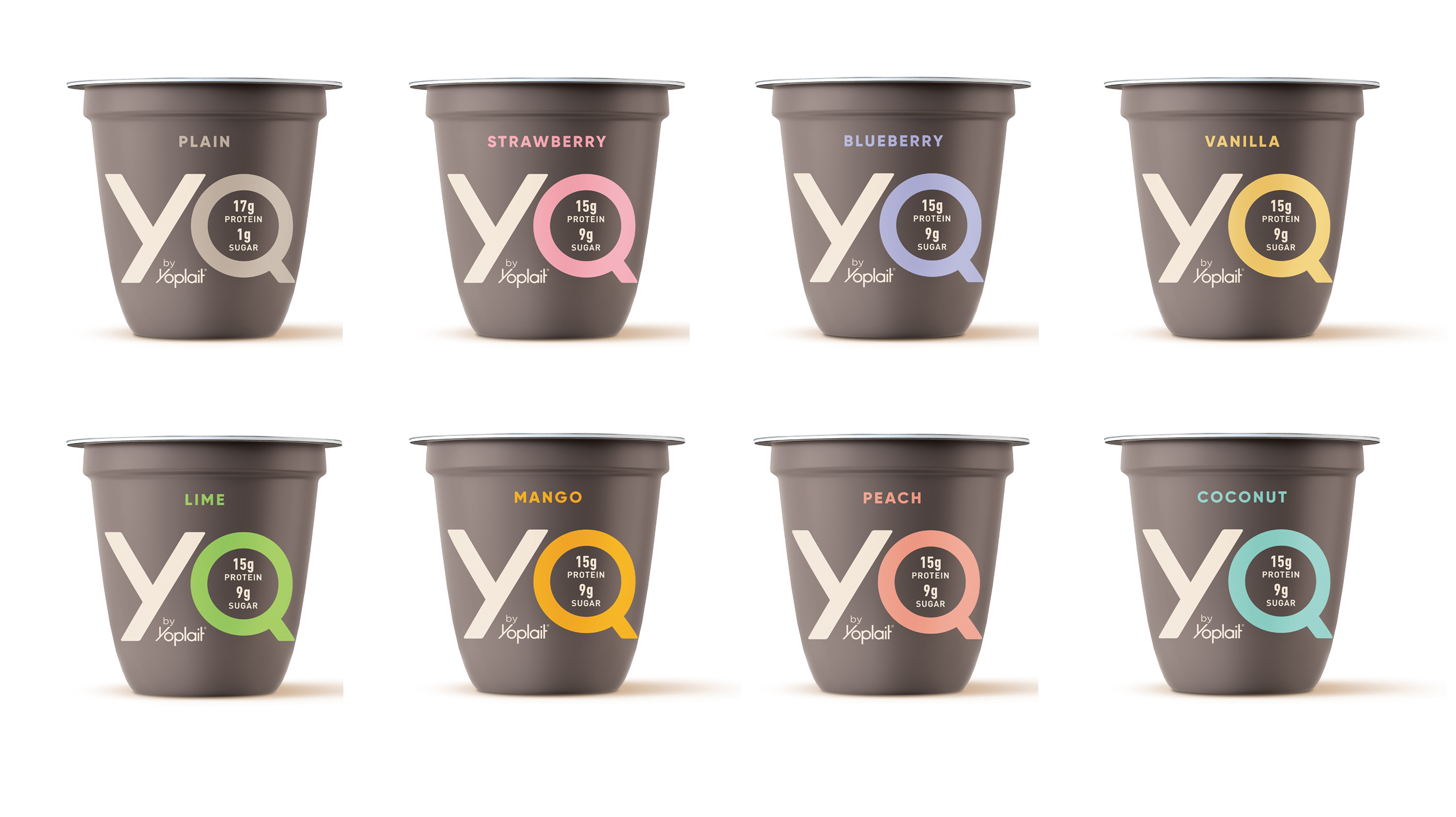 YQ by Yoplait is available in 8 flavors, including a Plain offering with 1-gram-sugar-per-serving that packs 17 grams of protein. The flavored varieties deliver 9 grams of sugar and 15 grams of protein per serving.