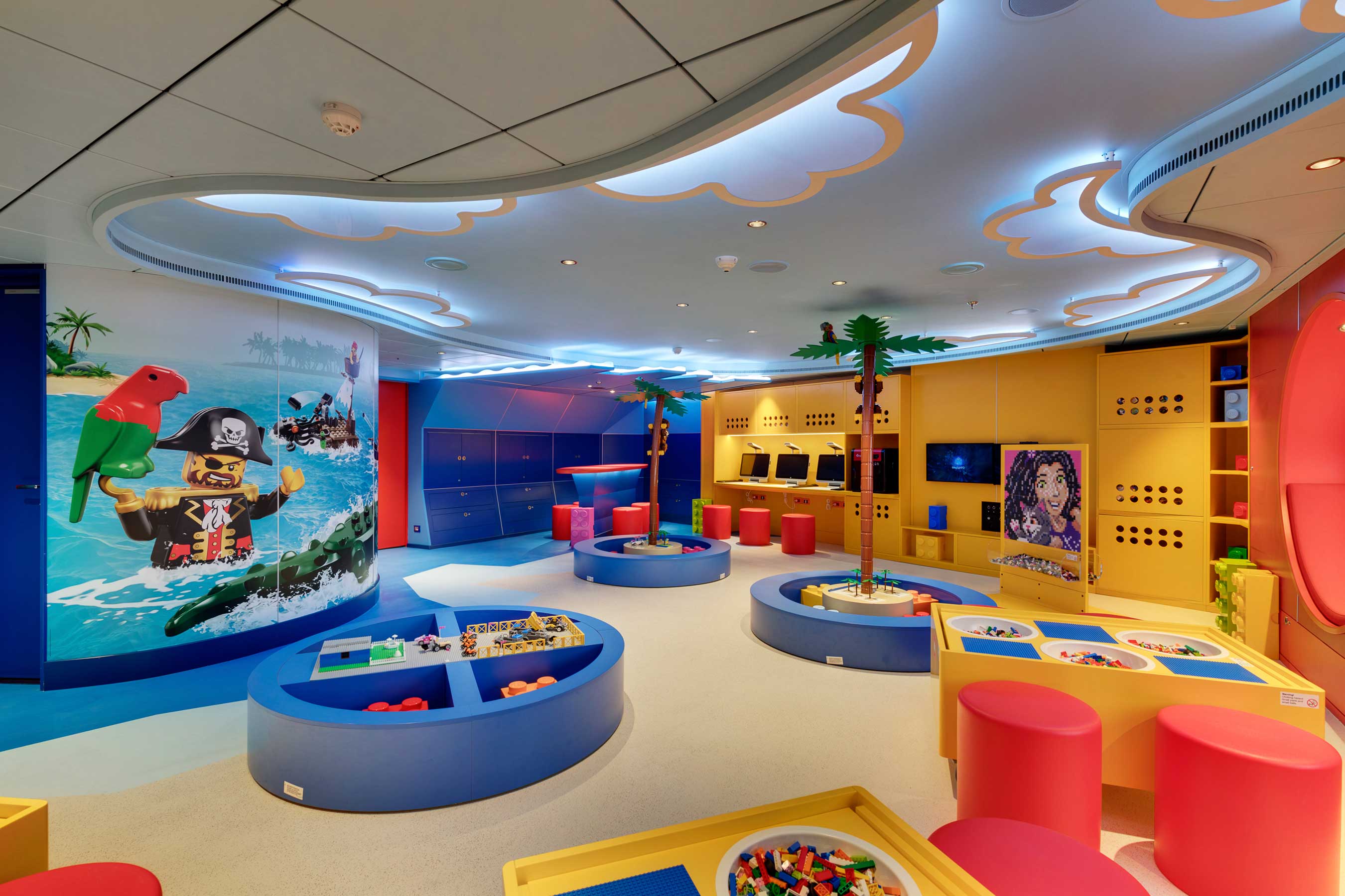 Elementary-aged kids can take part in tailored entertainment offered in the Junior Club LEGO® playroom, complete with Pirates and 3D printing stations