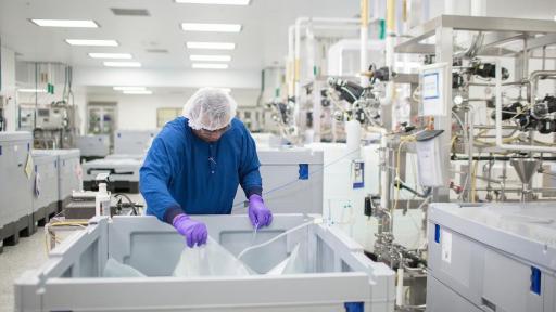 Man dressed in scrubbs looking into a bin of finished vaccine product in the HollySprings vaccine lab