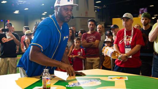 Former MLB All-Stars Cal Ripken Jr. and Cliff Floyd battled for the title of “Flip for Flavor” champion at Snapple’s first-ever All-Star Bottle Flip Challenge at FanFest where the players accurately flipped Snapple bottles onto fruit bases resembling a baseball diamond on Tuesday, July 17 in Washington.