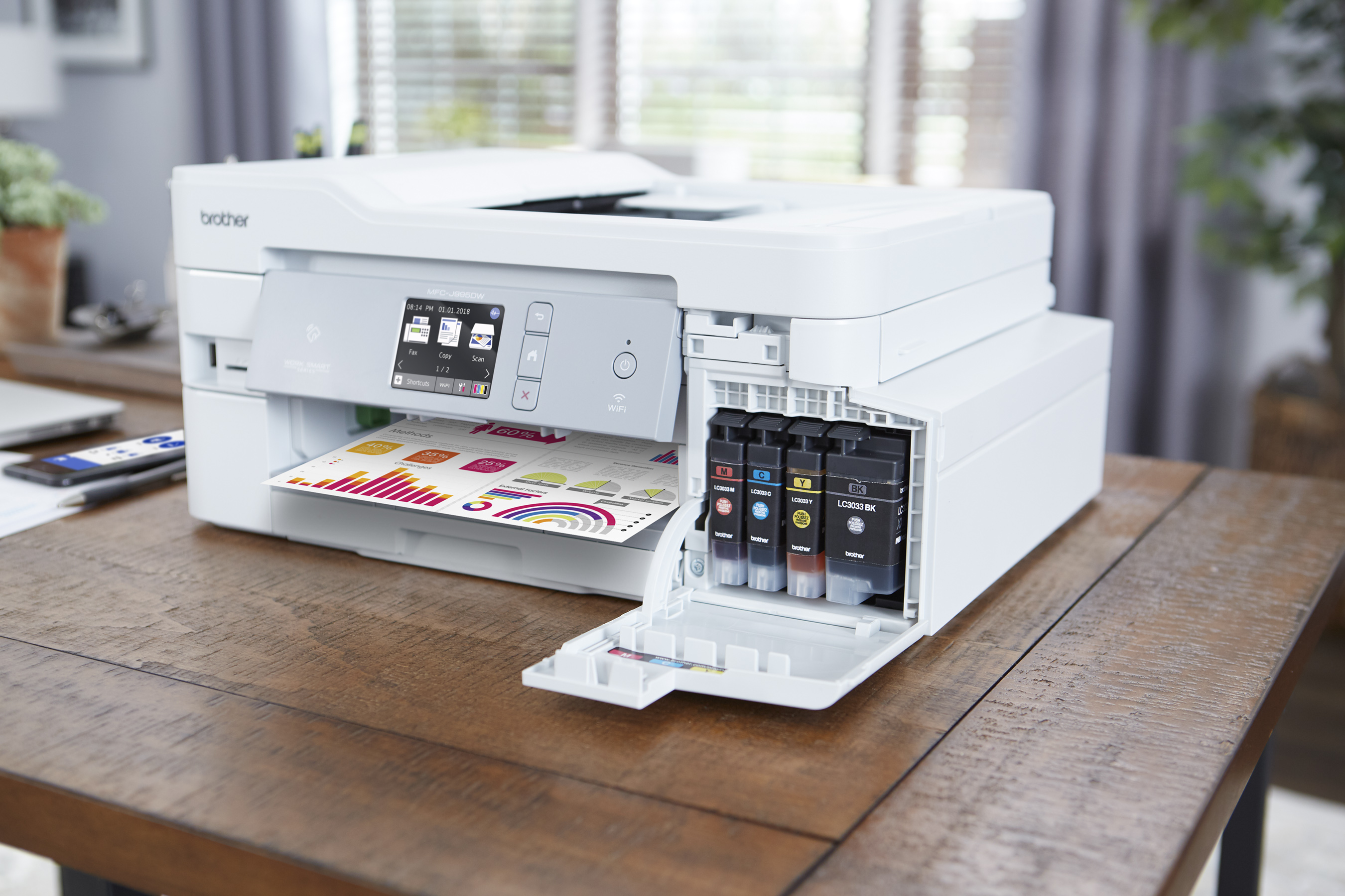 The Brother INKvestment Tank features a revolutionary new ink system providing up to one year of ink in-box(1)
