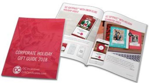 Image of a closed and open Corporate Holiday Gift Guid 2018 magazine side by side.