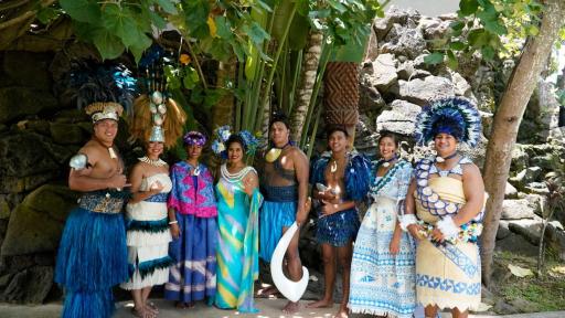 Cast  members  of  Huki,  including  Mother  Earth,  demigod  Maui  and representatives  of  the 
 Polynesian  Cultural  Center's  six  island  villages, pose  for  picture  following  the  inaugural  show.