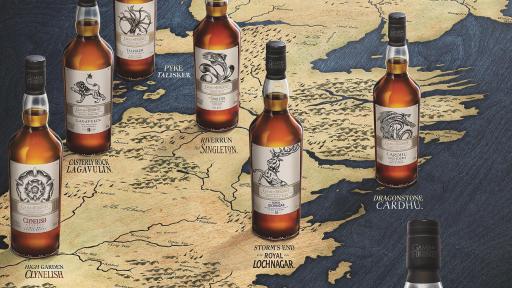A map of the work in the game of thrones with bottles of scotch placed on coordinating places.