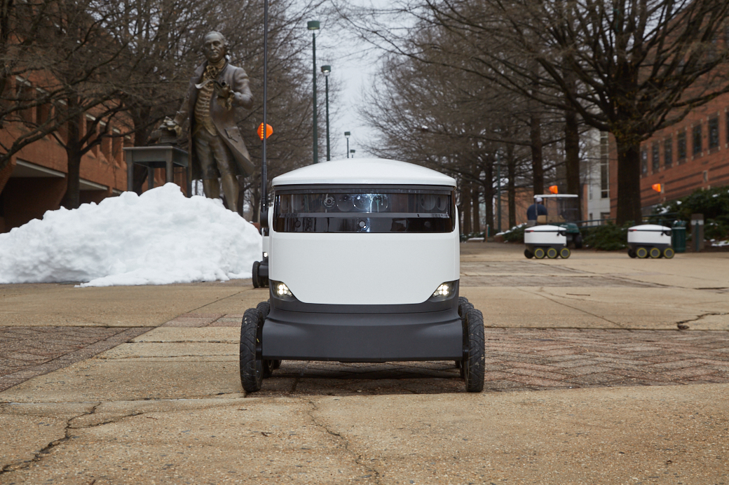 Sodexo and Starship debut its robot delivery service at George Mason University in Fairfax, Va.
