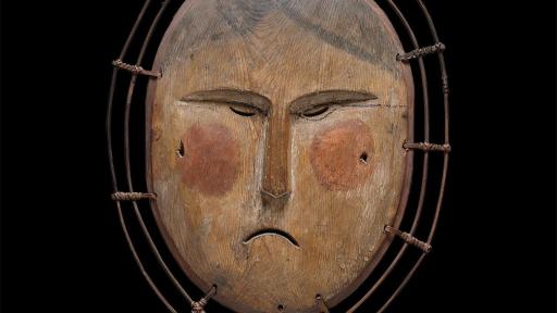 Central Yup’ik, Lower Yukon, Alaska. Dance mask, representing the Moon-Woman c.1870. Wood, pigment, vegetal fibers, sinew. Private collection. Photo by Craig Smith.