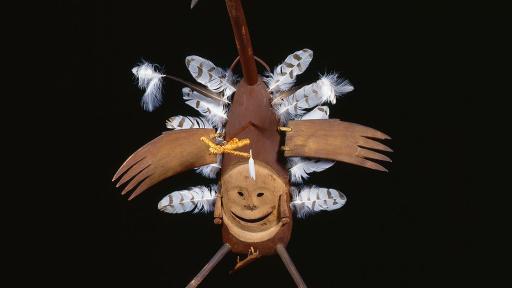 Central Yup’ik, Napaskiaq Village, Kuskokwim River, Alaska. Aiviqaq yua (Sandhill Crane spirit) dance mask c. 1900. Wood, feathers, pigment, vegetal fibers.  Collection of the Fenimore Museum, Thaw Collection, T0651.