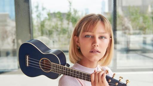 Fender and Grace VanderWaal collaborate on the signature Moonlight Ukulele – a custom, accessibly priced navy-blue soprano uke adorned with all of Grace’s personal touches– available now, for fans to play by the beach or at home with friends and family (photo credit: by Blythe Thomas).