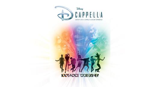 DCappella logo and dancers with Disney characters in background with a rainbow overlay