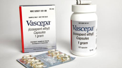 VASCEPA packaging product show with the bottle and a flat package with pills.