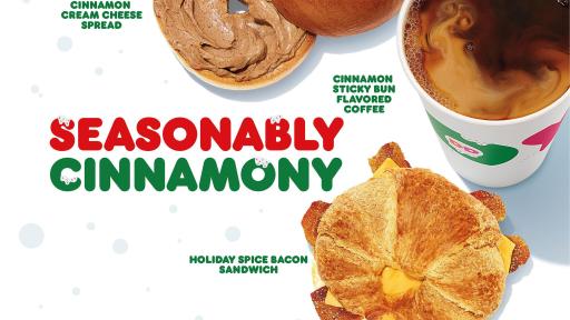 Seasonably Cinnamon menu offerings with coffee, croissant and a bagel with cinnamon cream cheese.