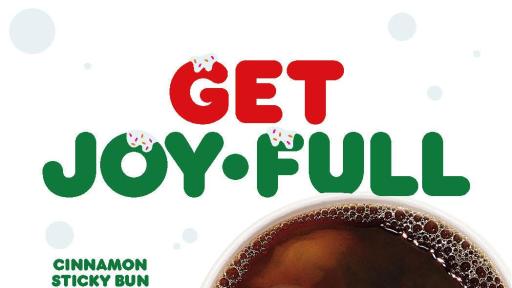 The words "Get Joy Full" above an image of coffee and donuts and a bagel with cream cheese.