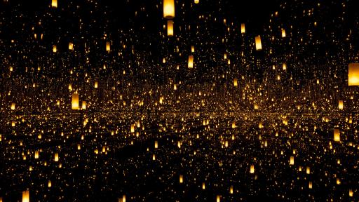 mirror-lined room illuminated by flickering golden lanterns.