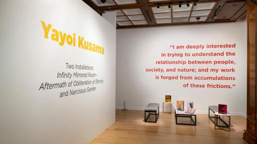Yayoi Kusama instillation with text on white walls