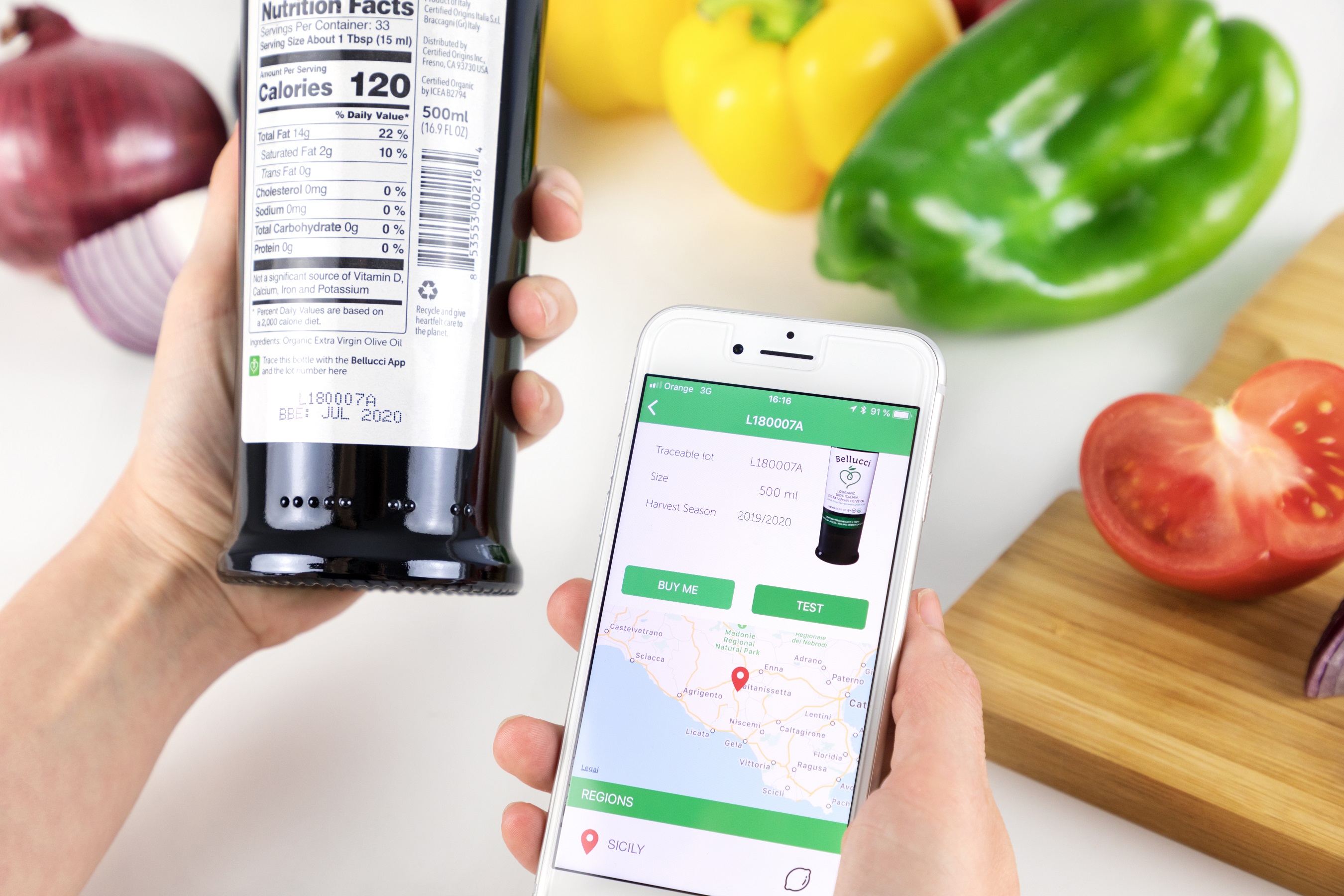Enter the bottle’s lot code into the Bellucci traceability app to trace the EVOO back to the source. Enter the bottle’s lot code into the Bellucci traceability app to trace the EVOO back to the source.