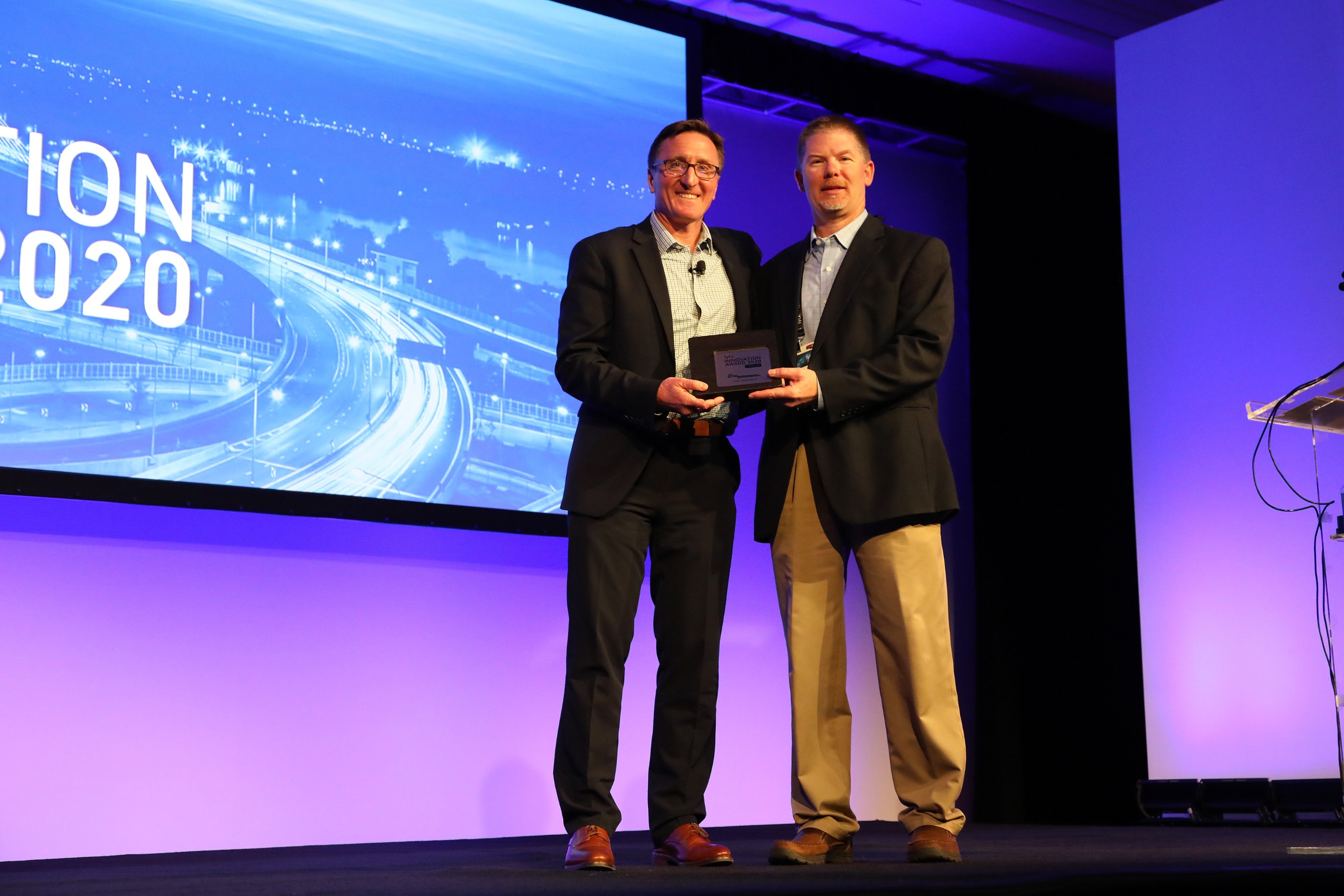 Jerry Sigmon, Jr., Chief Operating Officer, Cargo Transporters, recognized as a finalist in the 2020 Lytx Innovation Awards by Dave Riordan, Lytx EVP and Chief Client Officer.
