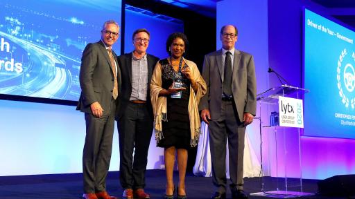 Lytx Driver of the Year, Government Category
L-R
Brandon Nixon, Lytx CEO
David Riordan, Lytx EVP and Chief Client Office
Karen Muir, City of North Miami, accepting for Christopher Fernandez
Del Lisk, Lytx VP of Safety Services