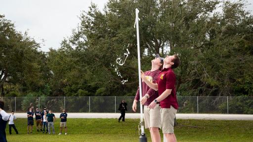 Members of the rocket team from the University of Minnesota watch as their Alka-Seltzer powered rocket soars 535 feet into the air at the 2019 Alka-Rocket Challenge on Thursday.