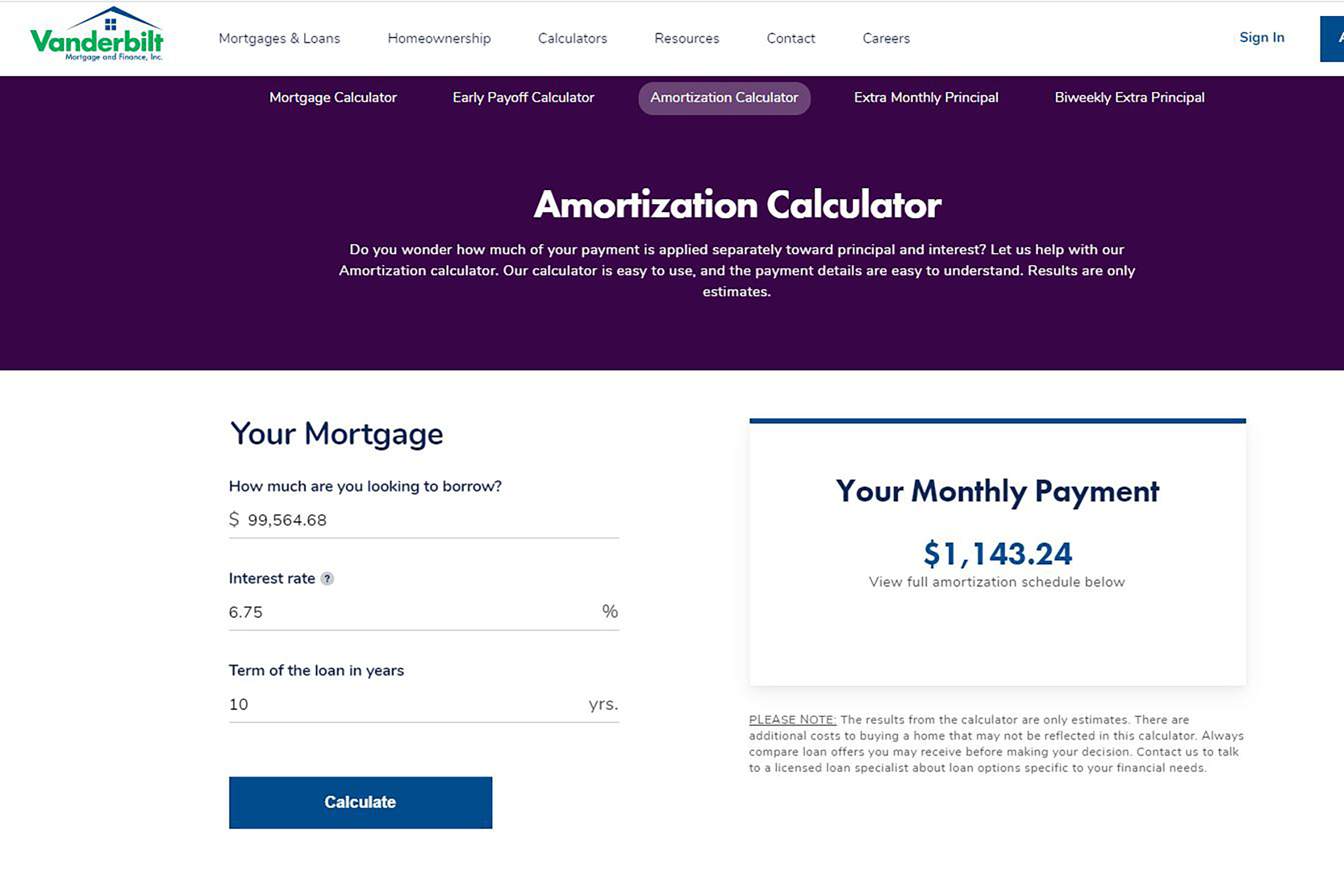Amortization Calculator webpage