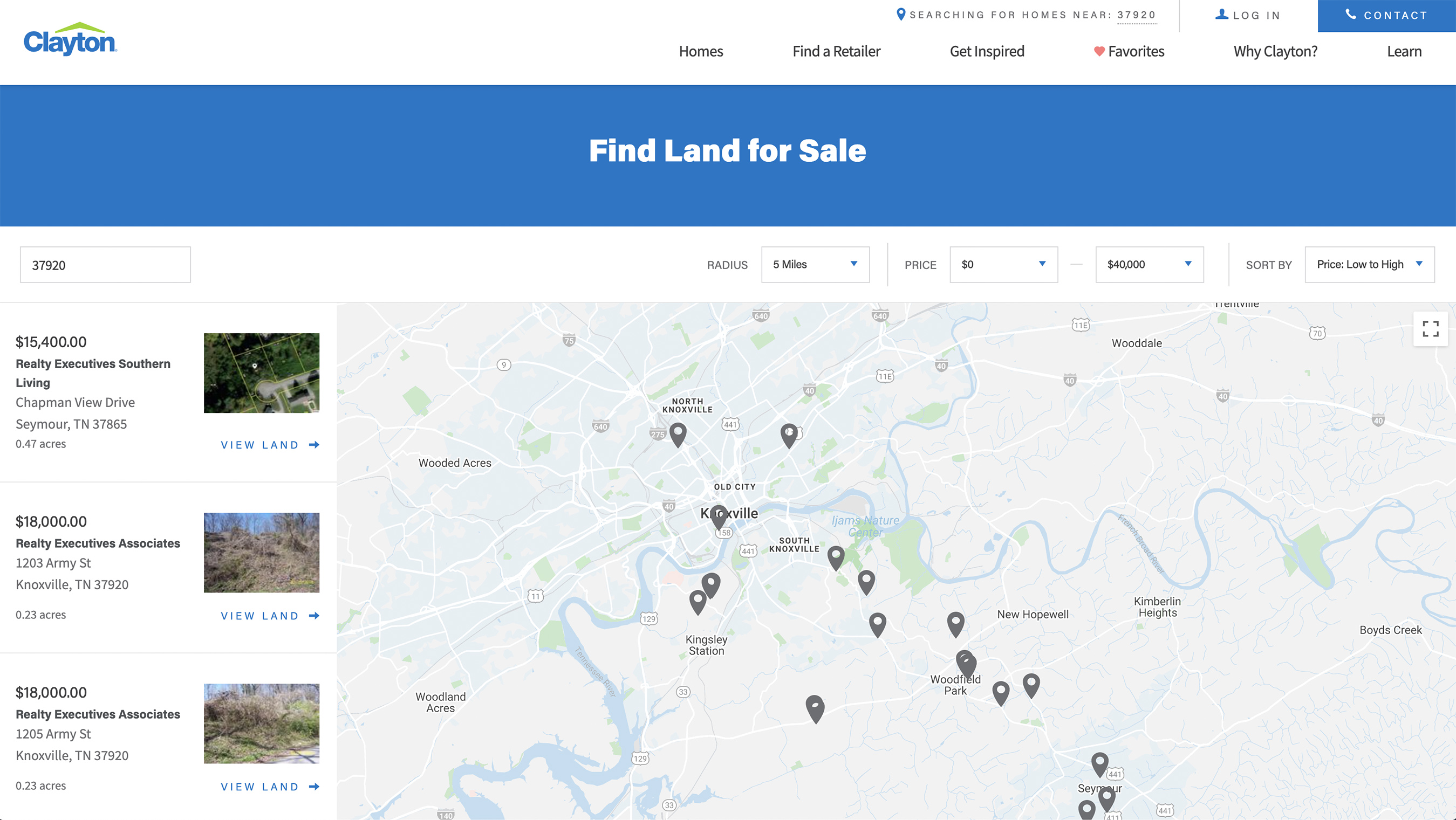 Users can filter land for sale by preferred distance from a chosen zip code and price range.