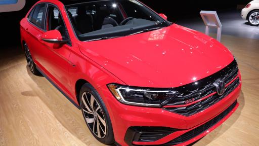 A red 2019 Volkswagen Jetta GLI at the Auto Show