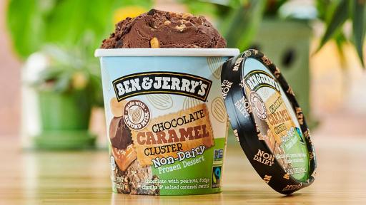 Ben & Jerry’s non-dairy Chocolate Caramel Cluster is chocolate with peanuts, fudge chunks and salted caramel swirls.