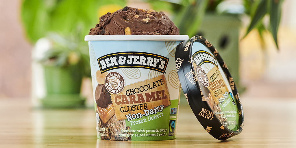 Ben & Jerry’s Non-Dairy Chocolate Caramel Cluster is chocolate with peanuts, fudge chunks and salted caramel swirls.
