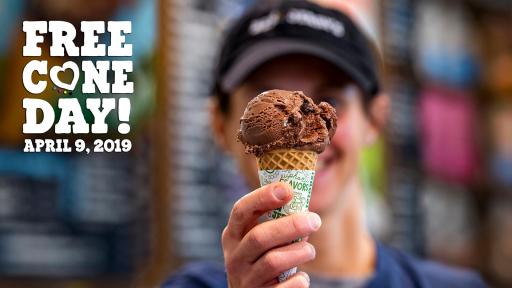 Banner that shows a person holding a chocolate ice cream and says Ben & Jerry’s Scoop Shops around the world will participate in Free Cone Day on April 9.