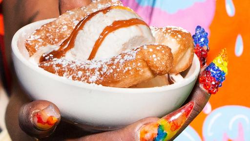 Bouncin’ Beignets is a vanilla ice cream with a bourbon caramel swirl and was served with beignets.