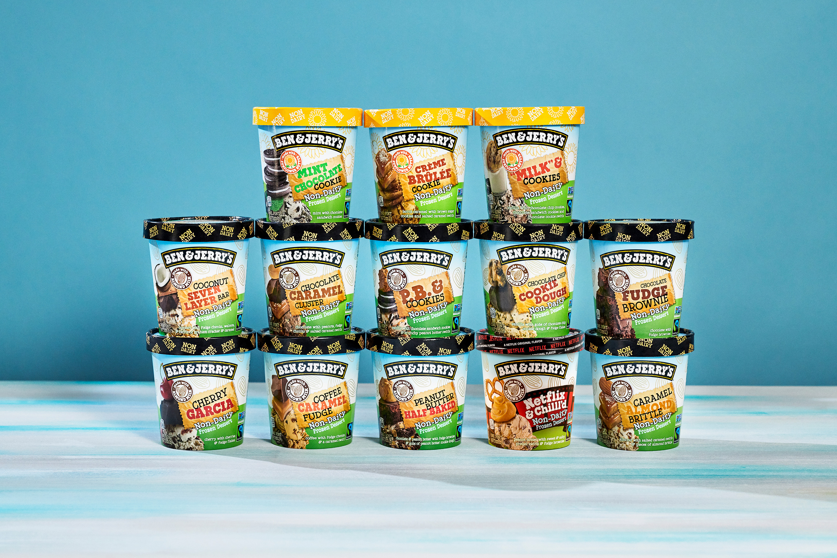 Ben & Jerry’s pint powerhouse Non-Dairy flavor line up including three new seed-based sunflower butter flavors.
