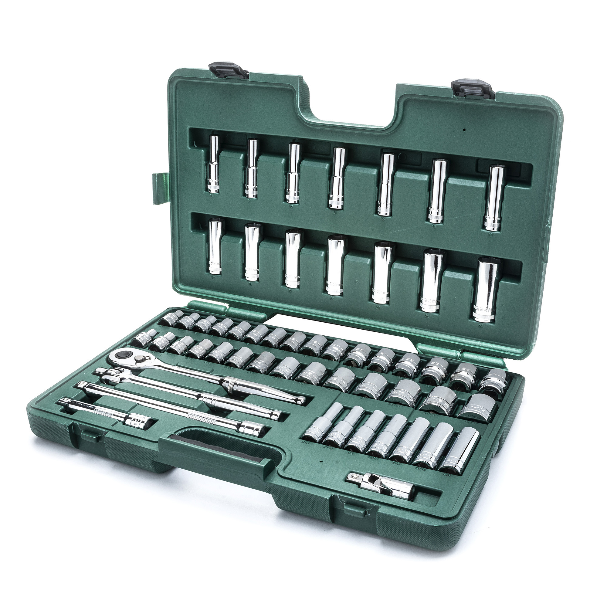 Complete tool set with 72-tooth quick-release ratchet and two extension bars (5 and 10-inch), a universal joint, and a range of standard and deep size sockets ranging from 3/8-inch to 1-1/4-inch.