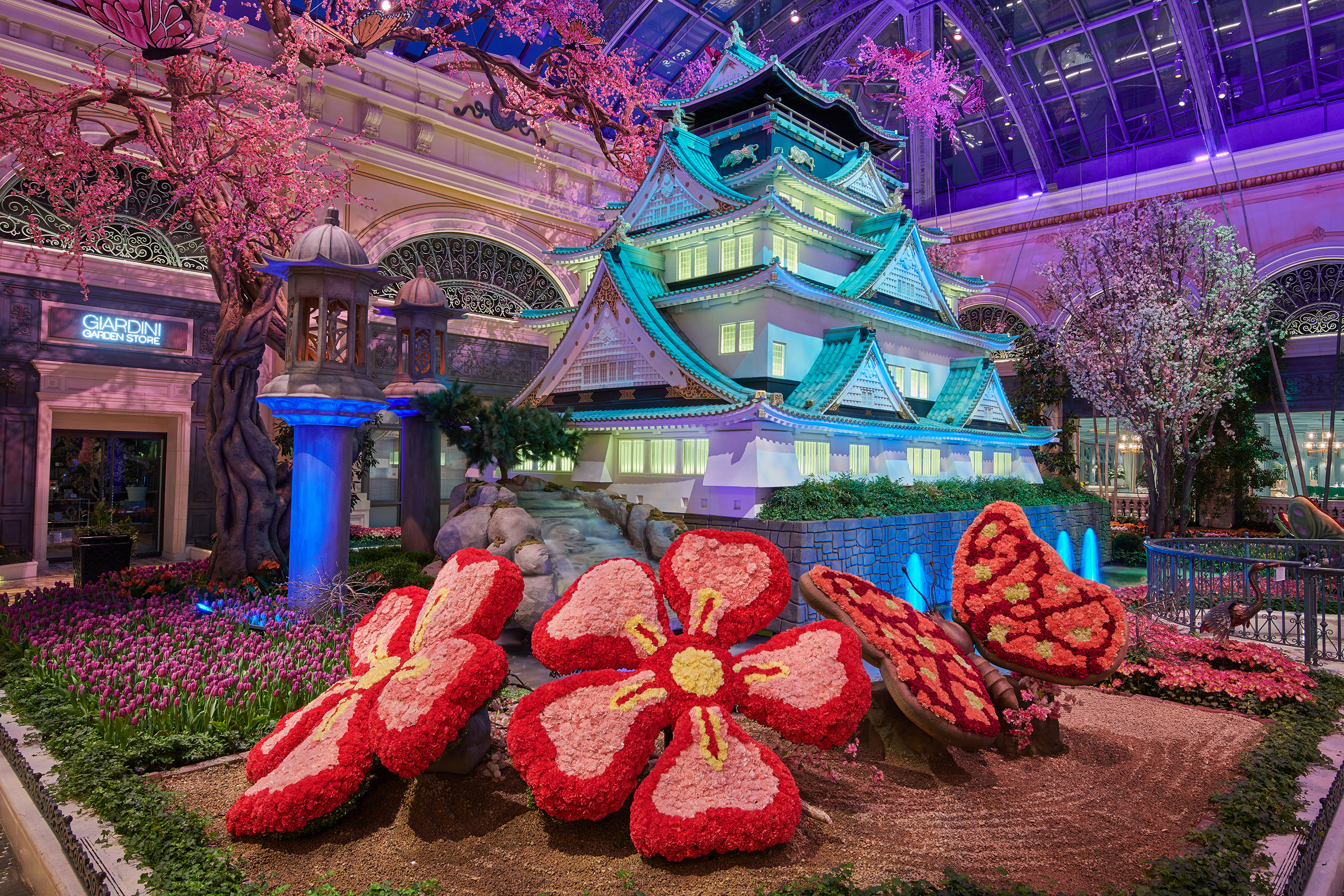Bellagio’s Conservatory & Botanical Gardens in Las Vegas celebrates Japan with vibrant spring display through June 15, featuring replica of iconic Osaka Castle and 65,000 fresh flowers