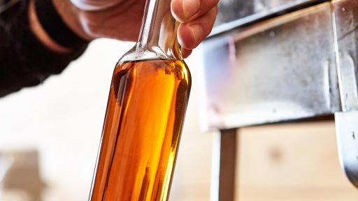 Lengthy glass bottle of maple syrup being tipped