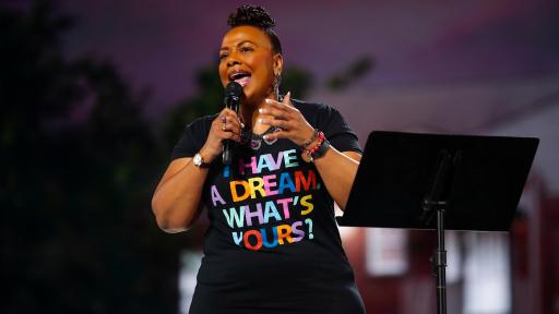 Rev. Bernice King delivers a monologue about her father, Dr. Martin Luther King Jr., and his vision of the Beloved Community at the inaugural Beloved Benefit at Mercedes-Benz Stadium on Thursday, March 21, 2019, in Atlanta.