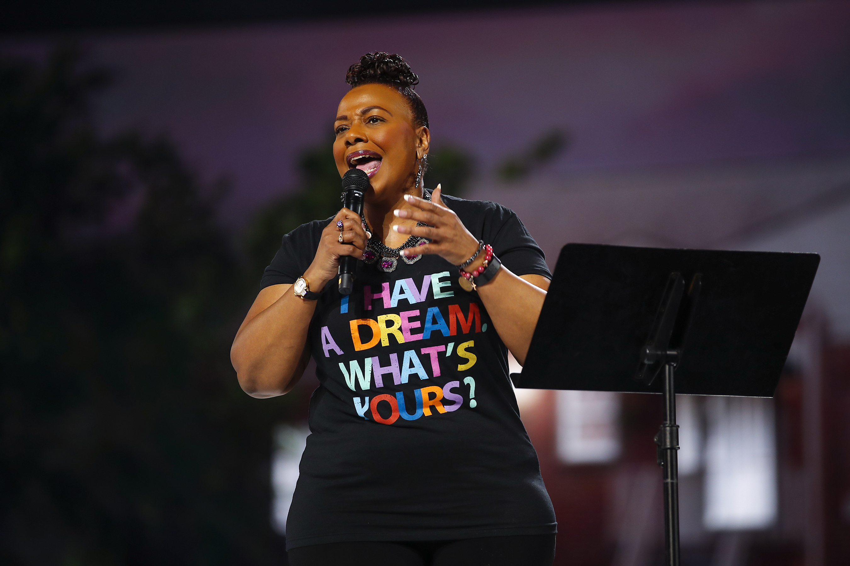 Rev. Bernice King delivers a monologue about her father, Dr. Martin Luther King Jr., and his vision of the Beloved Community at the inaugural Beloved Benefit at Mercedes-Benz Stadium on Thursday, March 21, 2019, in Atlanta. 