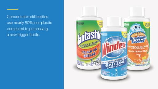Three images of different concentrate bottles. A blurb that reads: Concentrated refill bottles are a small green choice that can make a big impact. They use nearly 80% less plastic compared to purchasing a new trigger bottle, making them an easy and responsible choice for everyday cleaning.