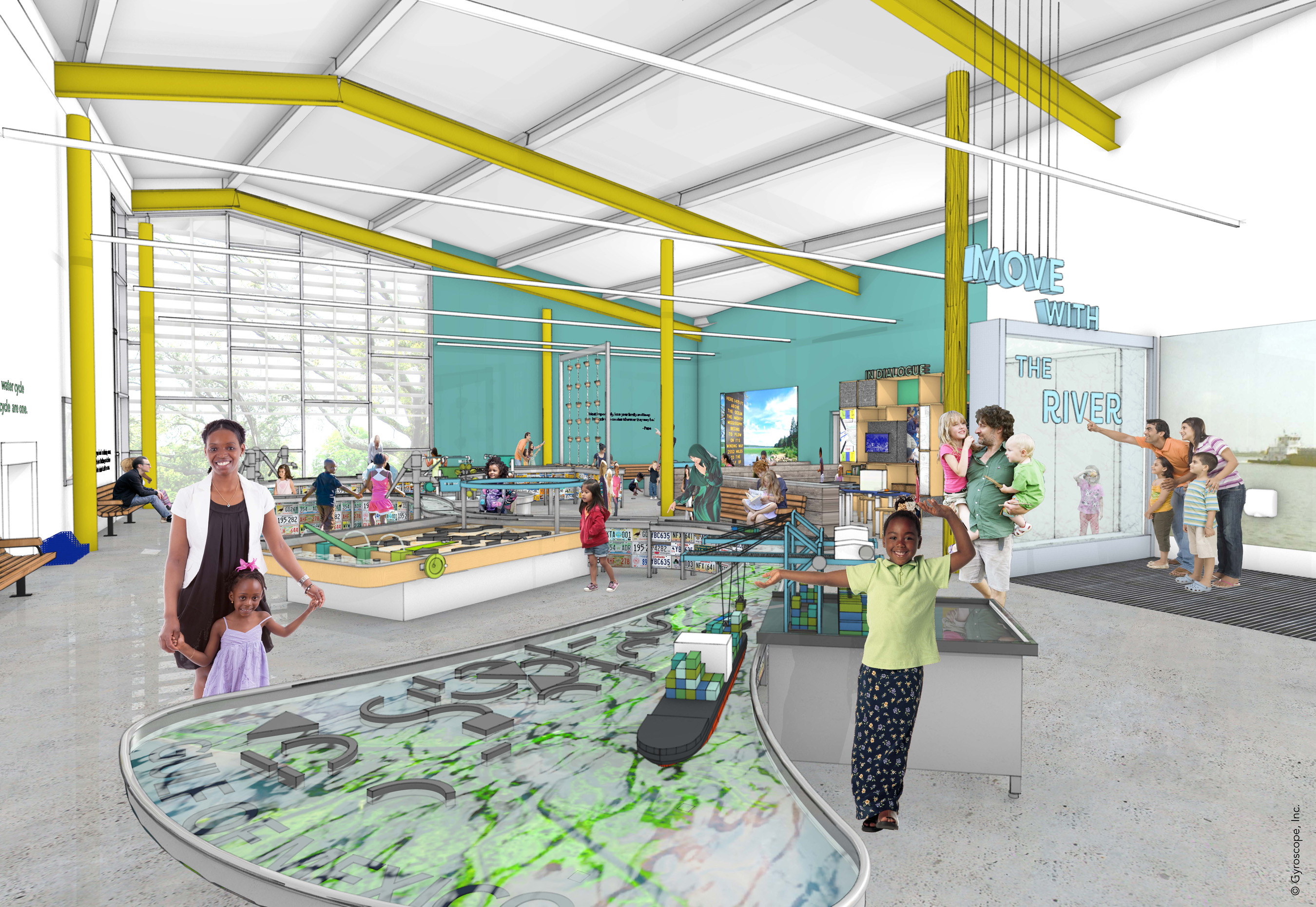 On the second floor of the new Louisiana Children’s Museum overlooking the lagoon, the Move with the River gallery will immerse children in an action-packed watery world where they will begin to explore the story of the mighty Mississippi River. (credit: Mithun)