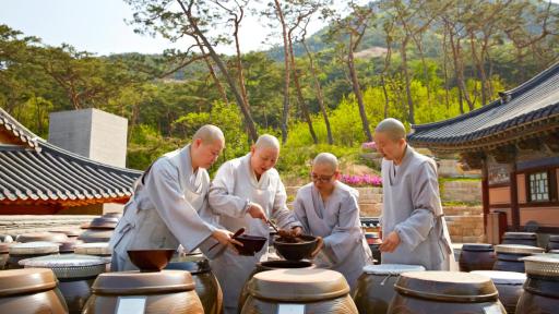 Buddhist monks with Korean Temple Food