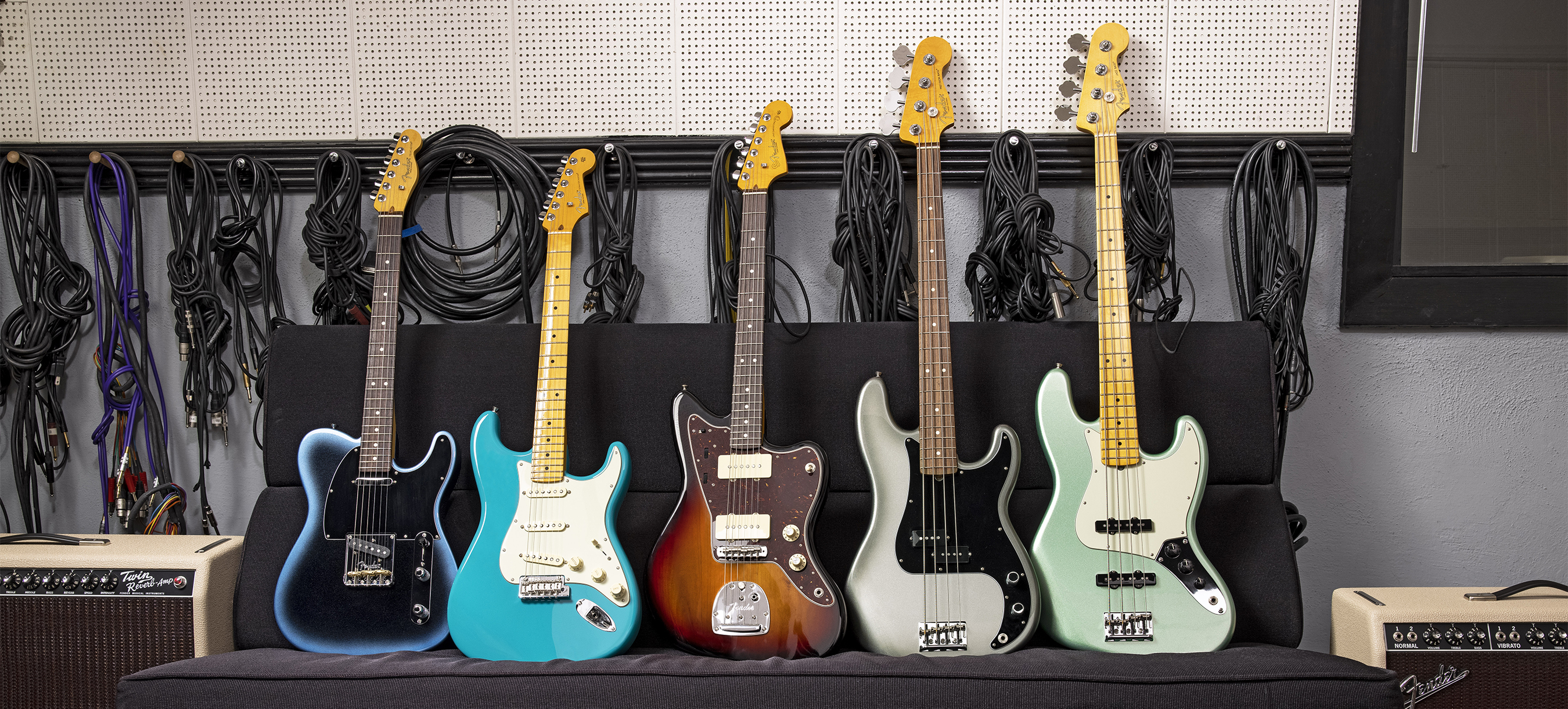 Fender AmProII Group lined up on bench
