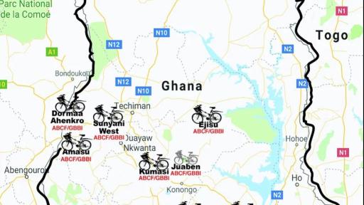 Map of Ghana, depicting the locations where the African Bicycle Contribution Foundation(ABCF) has
distributed its 500 bamboo bikes, since its establishment, in late 2016.