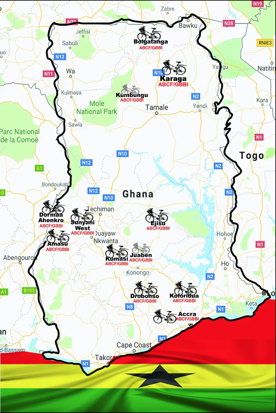 Map of Ghana, depicting the locations where the African Bicycle Contribution Foundation (ABCF) has distributed its 500 bamboo bikes, since its establishment, in late 2016.